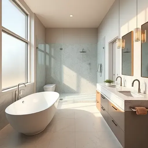 Renovated modern bathroom in The Colony TX featuring a freestanding tub, glass shower, marble vanity, and elegant decor