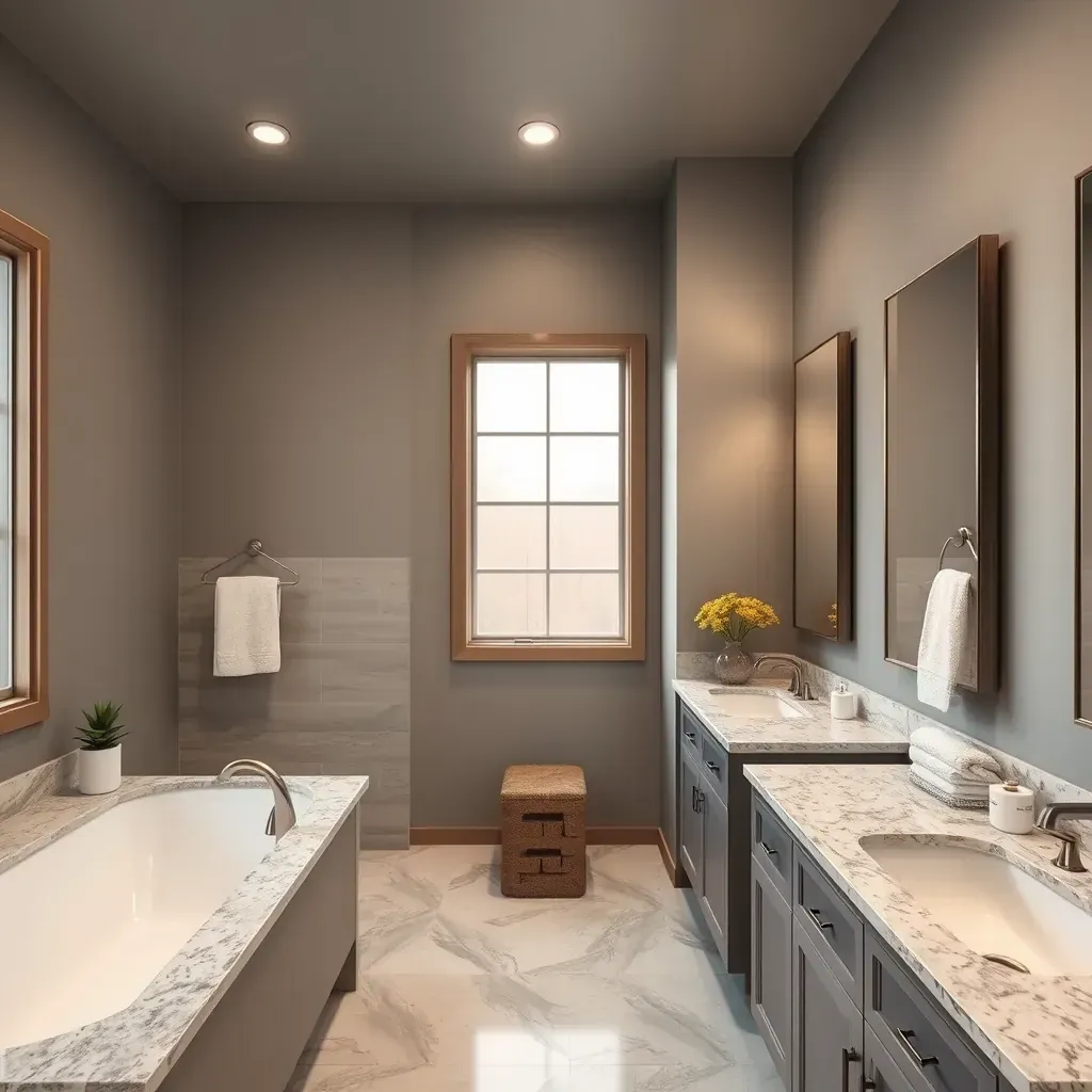 Modern bathroom in Haslet, TX with ceramic tiling, glass shower, marble vanity, Texas landscape view, and ambient lighting.