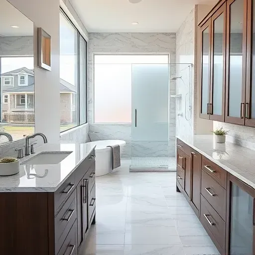 Renovated Watauga, TX bathroom with modern fixtures, walk-in shower, marble countertops, sleek cabinetry, and natural light.