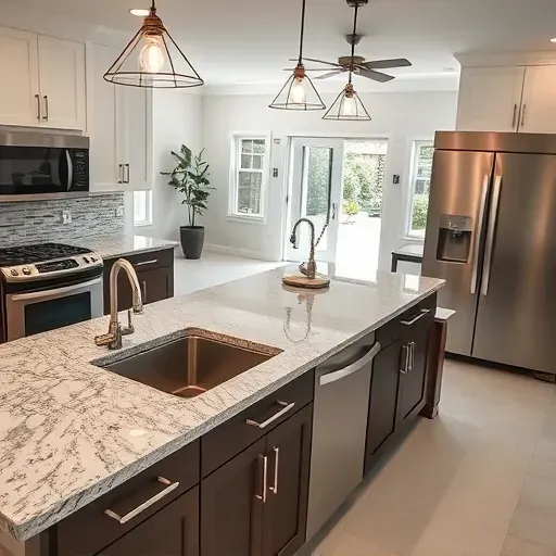 Beautiful remodeled Hurst, TX kitchen with granite counters, stainless steel appliances, custom cabinets, and stylish lighting.