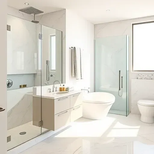 Renovated Burleson, TX bathroom with modern fixtures, marble shower, floating vanity, natural light, and elegant decor.