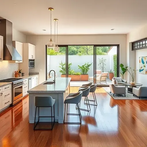 Modern living room in Haslet TX with gray walls, hardwood floors, stylish sofa, reclaimed wood table, and fireplace.