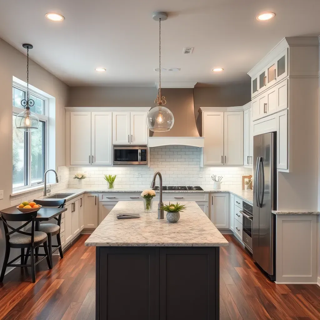 Modern Arlington, TX kitchen with white shaker cabinets, quartz counters, stainless appliances, hardwood floors, and a backyard patio.