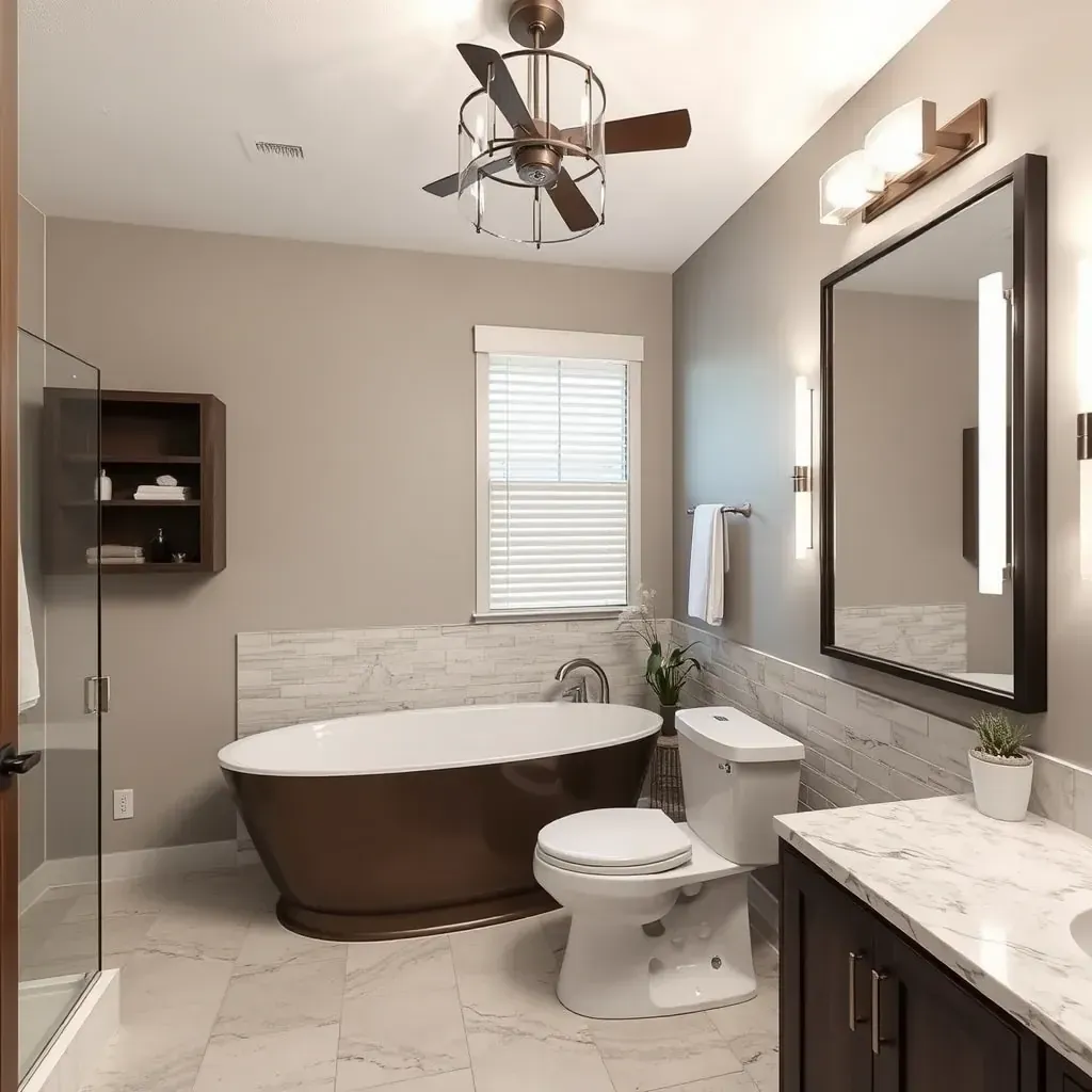 Spacious bathroom in Haltom City, TX with large beige tiles, glass shower with rainfall head, freestanding tub, double vanity.
