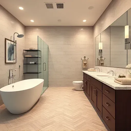 Modern renovated bathroom in Prosper TX with marble countertops, freestanding tub, glass shower, dark wood vanity and stylish lighting