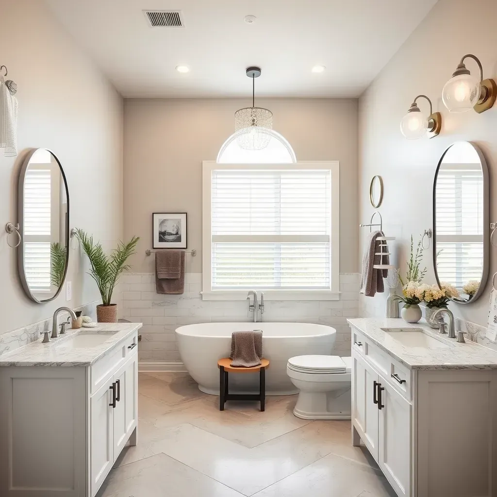 Modern bathroom remodel in Burleson, TX featuring walk-in glass shower, marble tiles, sleek vanity, and natural lighting.