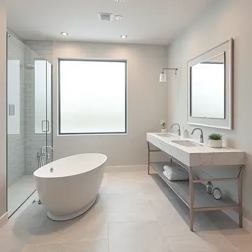 Completed modern basement bathroom in Arlington TX with freestanding tub, glass shower, marble vanity, and elegant design