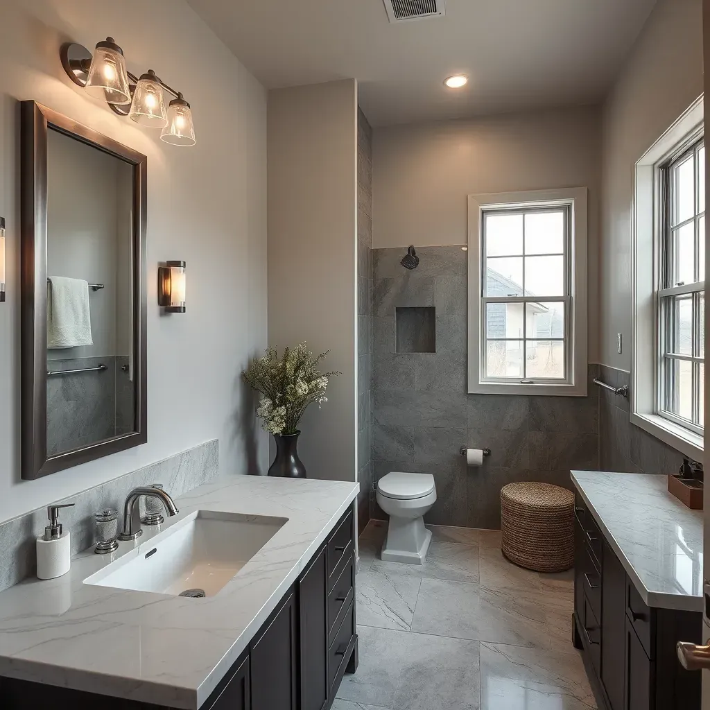 Modern remodeled bathroom in Roanoke, TX with a walk-in glass shower, freestanding tub, double vanity, and sleek finishes.