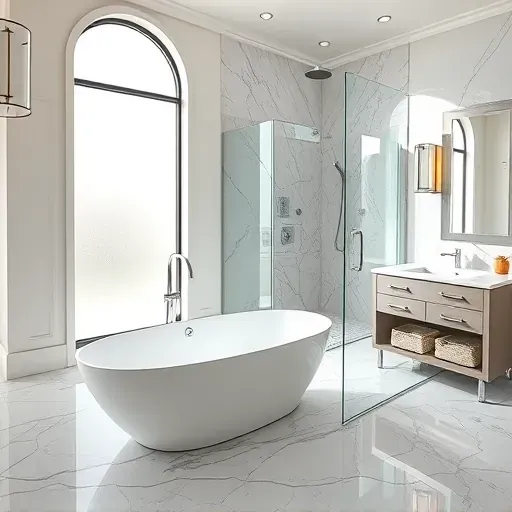 Renovated North Richland Hills, TX bathroom with a freestanding tub, marble countertops, walk-in shower, and modern fixtures.