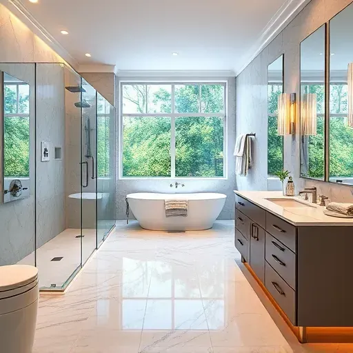 Luxurious remodeled Irving TX bathroom with modern fixtures, walk-in shower, freestanding tub, marble countertops, and lush greenery outside