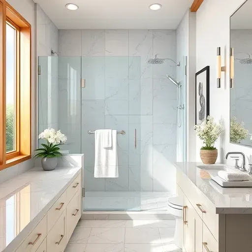 Remodeled Flower Mound bathroom featuring modern fixtures, marble countertops, walk-in shower, elegant cabinetry, and natural light.