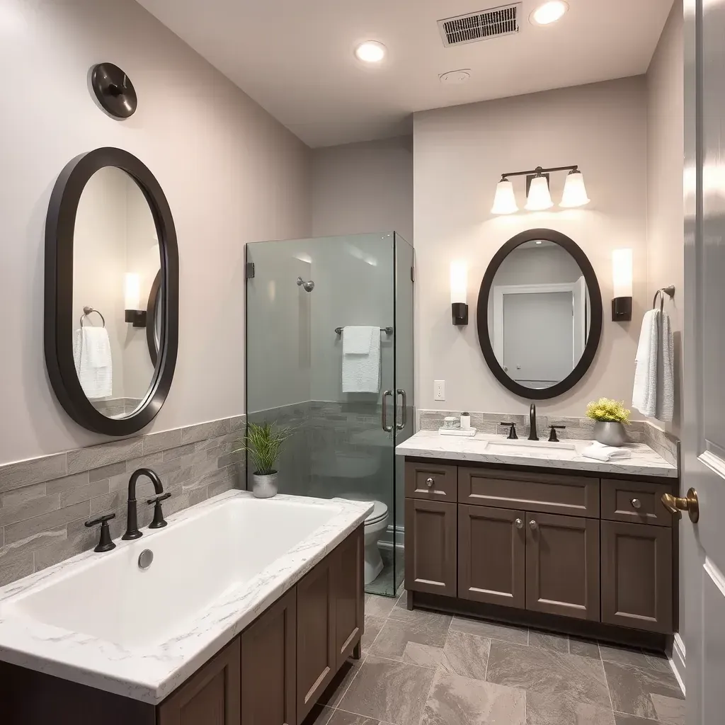 Modern Haltom City bathroom with a walk-in shower, freestanding tub, quartz vanity, and sleek design details.