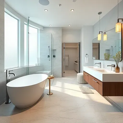 Completed bathroom remodel in Little Elm TX with modern fixtures, walk-in shower, freestanding tub, and elegant decor.