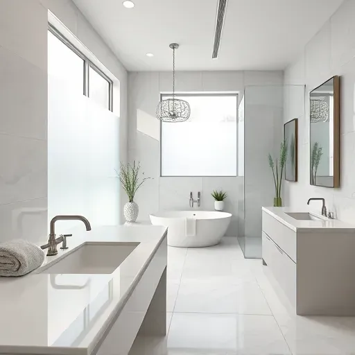 Beautiful renovated bathroom in Richardson TX with marble countertops glass shower plush towels ambient lighting modern fixtures and greenery