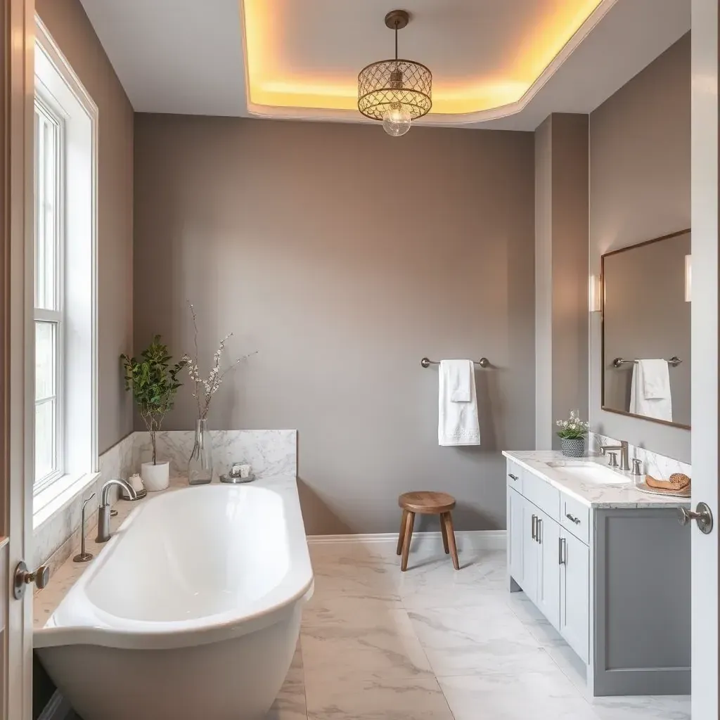 Modern bathroom with glass shower, freestanding tub, sleek vanities, neutral tones, and elegant lighting in North Richland Hills.