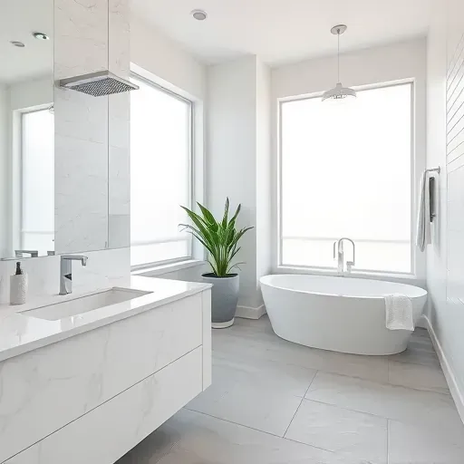 Remodeled Flower Mound bathroom with marble countertops, glass shower, soaking tub, and modern fixtures.