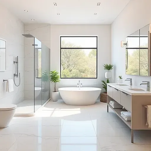 Remodeled Southlake, TX bathroom with sleek tiles, glass shower, soaking tub, double vanity, and modern decor.