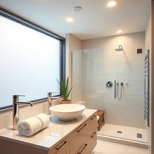 Remodeled Arlington, TX bathroom with modern fixtures, marble vanity, glass shower, neutral tiles, and natural light.