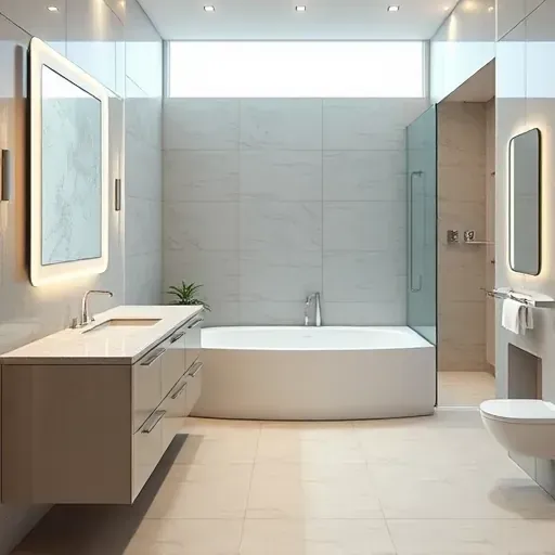 Freshly remodeled Arlington TX bathroom with modern fixtures, marble vanity, glass shower, and elegant neutral tones.