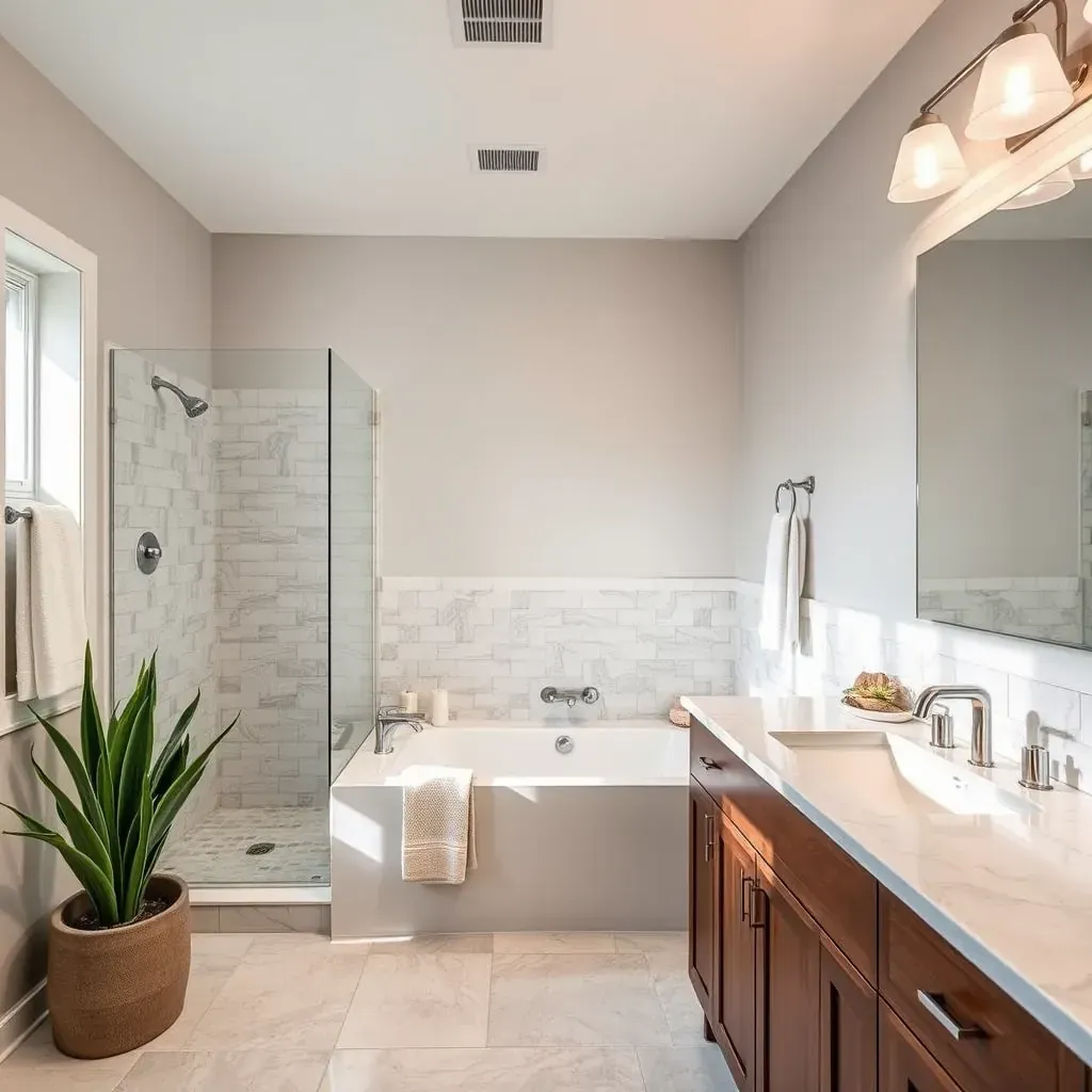 Modern Fort Worth bathroom with white subway tiles, glass shower, quartz vanity, southwestern accents, and natural light.