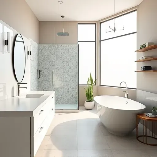 Renovated Burleson TX bathroom with modern chrome fixtures, large glass shower, white quartz vanity, freestanding tub and large porcelain tiles