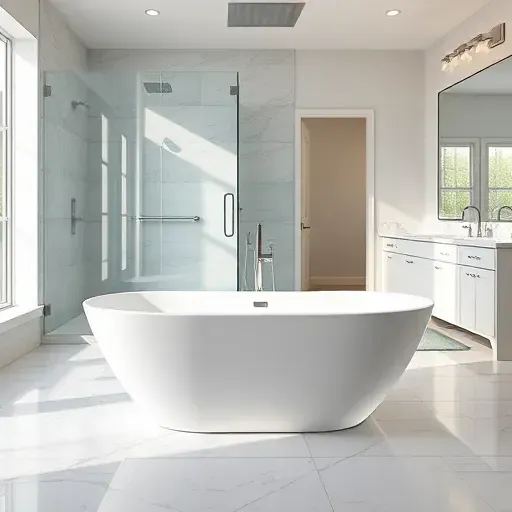 Modern Arlington TX bathroom with sleek freestanding bathtub, marble flooring, glass shower, neutral tiles, and bright natural light