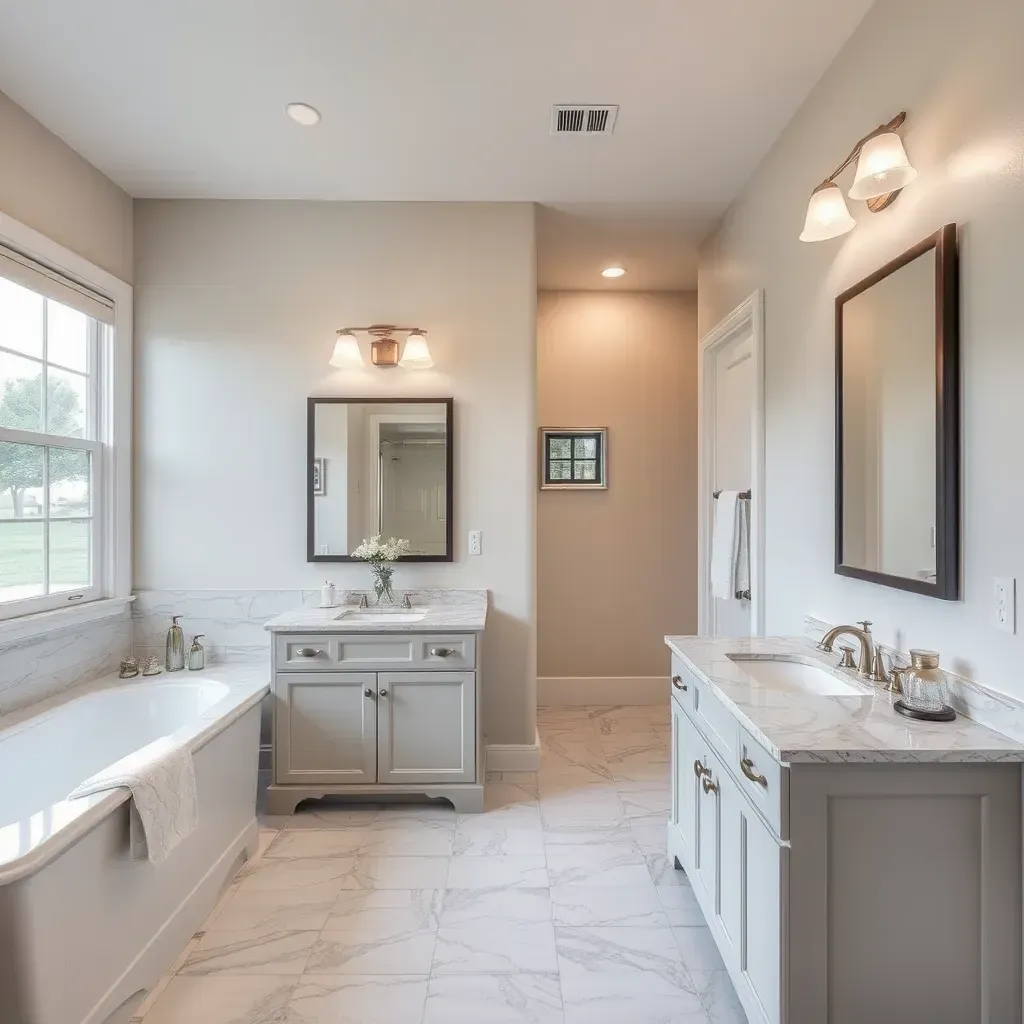 Modern bathroom in Hurst, TX featuring beige porcelain tiles, a marble vanity, gold fixtures, and a frameless glass shower.