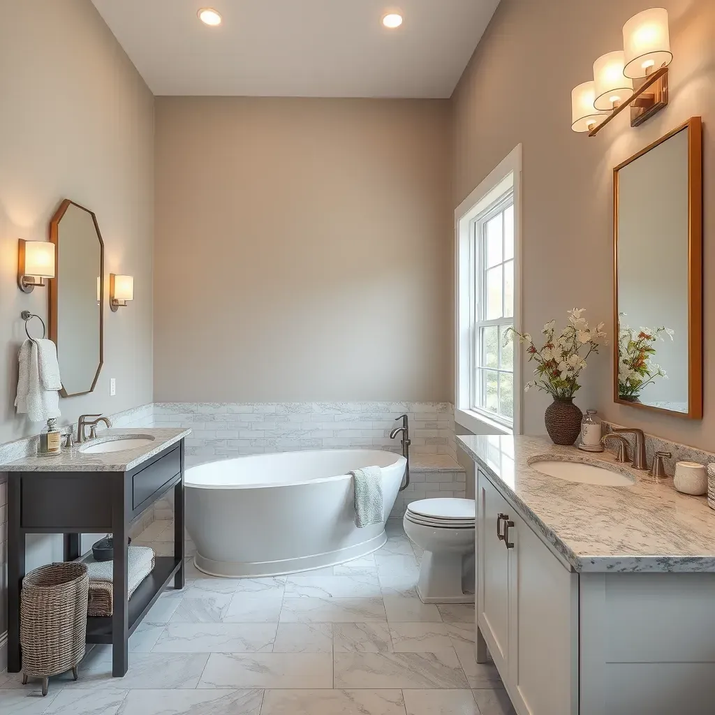 Modern bathroom in Little Elm, TX with neutral tones, wood accents, large tiles, floating vanity, and glass shower.