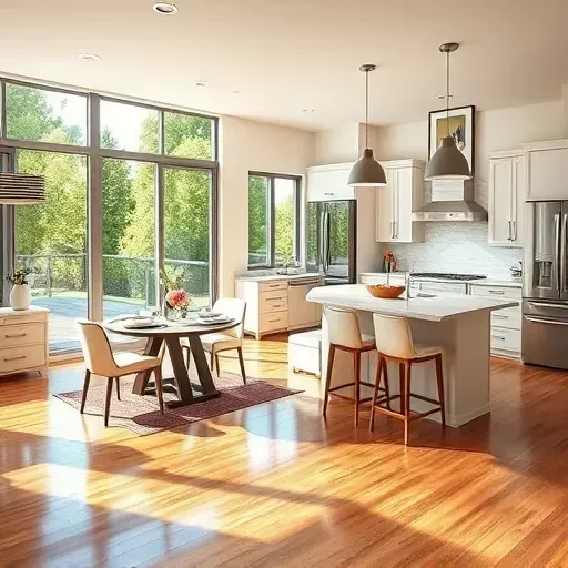Modern Mansfield TX living room with light hardwood floors, gray sectional sofa, fireplace, and open-concept kitchen.