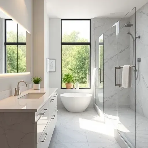 Remodeled Southlake, TX bathroom with marble countertops, glass shower, chrome fixtures, and lush greenery.