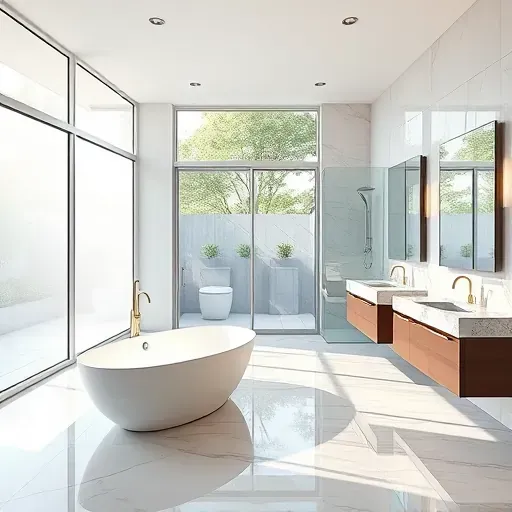 Modern Southlake, TX bathroom with quartz vanity, glass shower, soaking tub, black fixtures, and natural light.