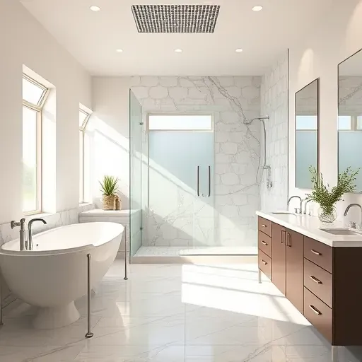 Renovated luxury bathroom in Carrollton TX with modern fixtures, marble countertops, glass shower, and elegant tile floors