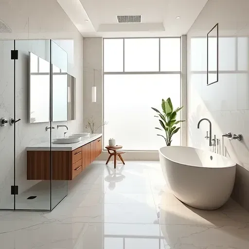 Renovated modern bathroom in The Colony Texas with marble tiles, glass shower, freestanding tub, double sink vanity, and natural light