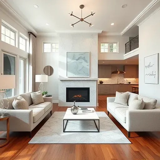 Beautiful renovated Bedford, TX living room with hardwood floors, neutral sofas, marble fireplace, and modern decor.