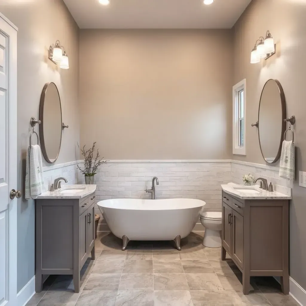 Modern bathroom remodel in Roanoke, TX featuring a walk-in shower, quartz vanity, soaking tub, and elegant lighting.