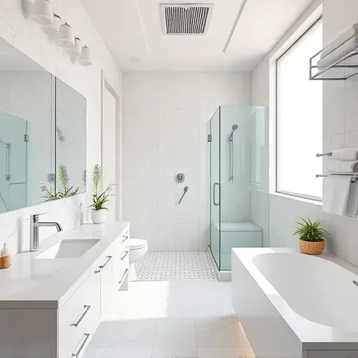 Luxurious renovated bathroom in North Richland Hills TX with marble countertops chrome fixtures walk-in shower natural light