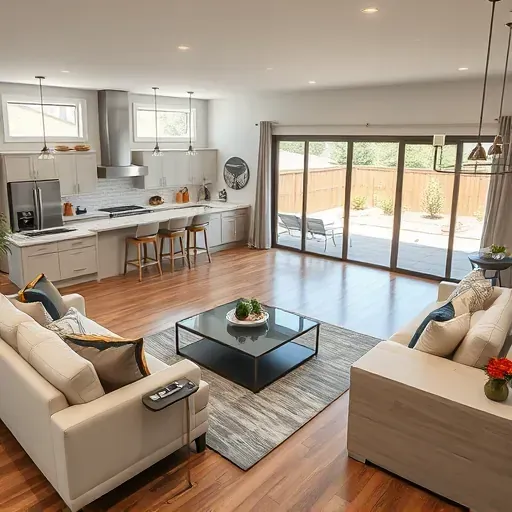 Remodeled modern living room and kitchen in Arlington TX with neutral tones, sleek furnishings, large windows, and landscaped backyard
