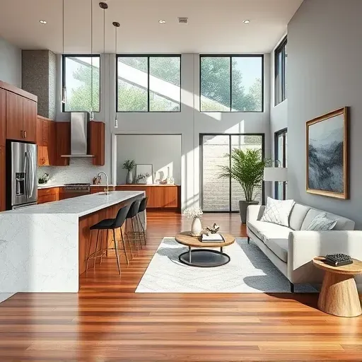 Modern open-concept living space in The Colony TX featuring sleek kitchen, elegant cabinetry, and warm neutral tones.