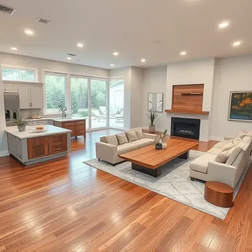 Coppell TX home remodel showcasing an open living area with hardwood floors, modern kitchen, and cozy fireplace.