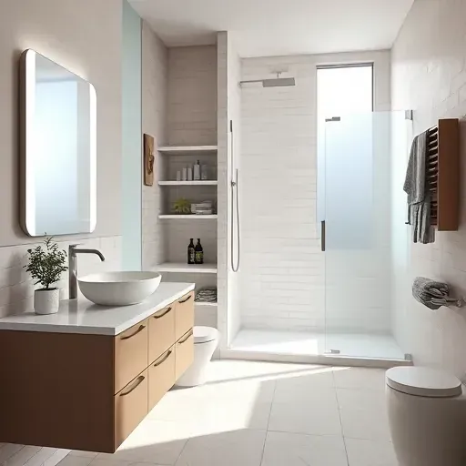 Renovated Dallas bathroom with marble vanity, vessel sink, walk-in glass shower, subway tiles, and modern fixtures