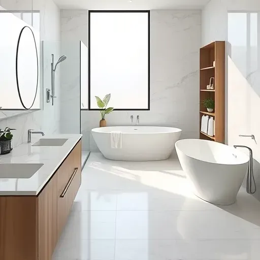 Renovated Duncanville bathroom featuring white marble countertops, glass shower, freestanding tub, and elegant tiled floors.