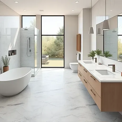 Renovated modern bathroom in Arlington TX featuring walk-in shower, freestanding tub, double vanity, and natural lighting.