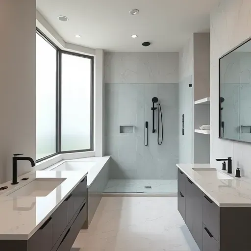 Completed modern bathroom in Farmers Branch TX with marble countertops, black fixtures, walk-in shower, natural light