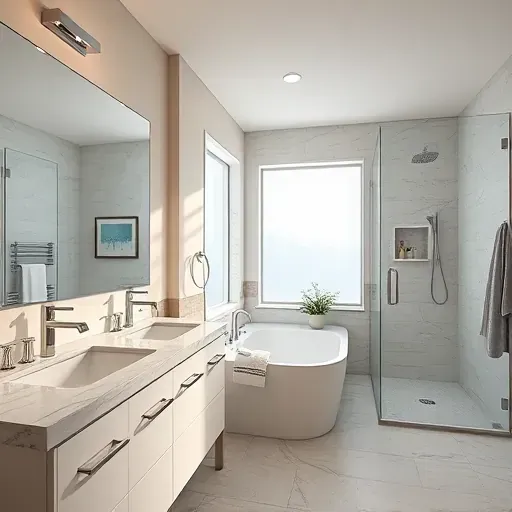 Freshly remodeled bathroom in Cedar Hill TX with modern fixtures, marble vanity, frameless mirror, and freestanding tub.