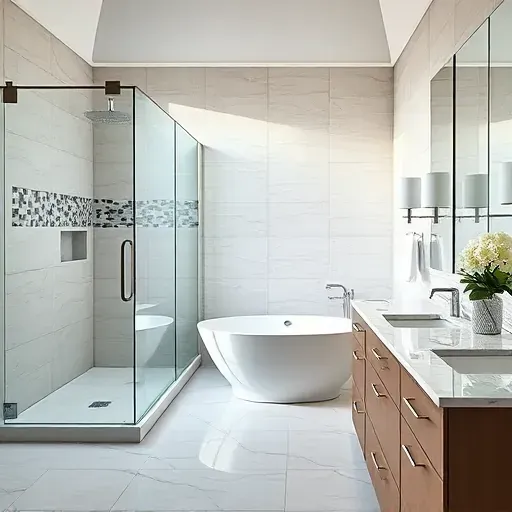 Completed bathroom remodel in Arlington TX featuring modern fixtures, spacious walk-in shower, freestanding tub, and double vanity.