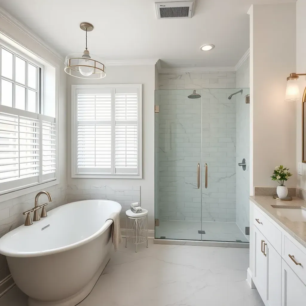 Elegant modern Carrollton, TX bathroom with marble countertops, glass shower, stylish vanity, large frosted windows, warm tones.