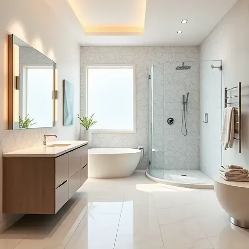 Renovated North Richland Hills bathroom with modern fixtures, elegant tilework, marble vanity, walk-in shower, and freestanding tub