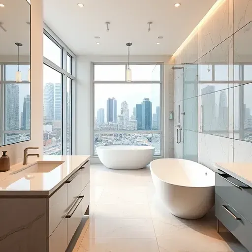 Modern Dallas bathroom with marble countertops, freestanding tub, walk-in shower, large windows, and sleek fixtures