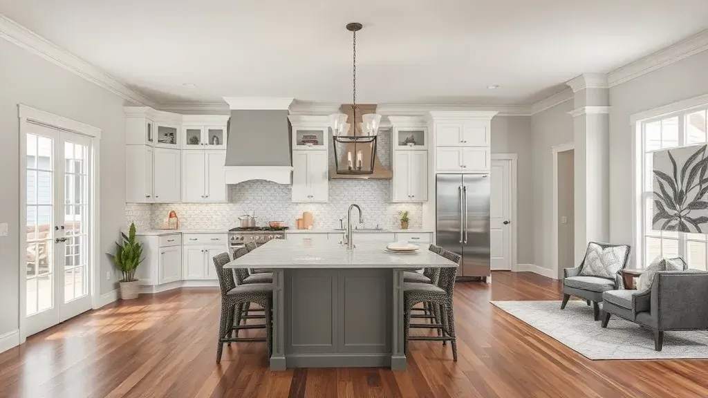 Stunning renovated Little Elm home interior featuring open living, modern kitchen, natural light, elegant decor, outdoor patio.