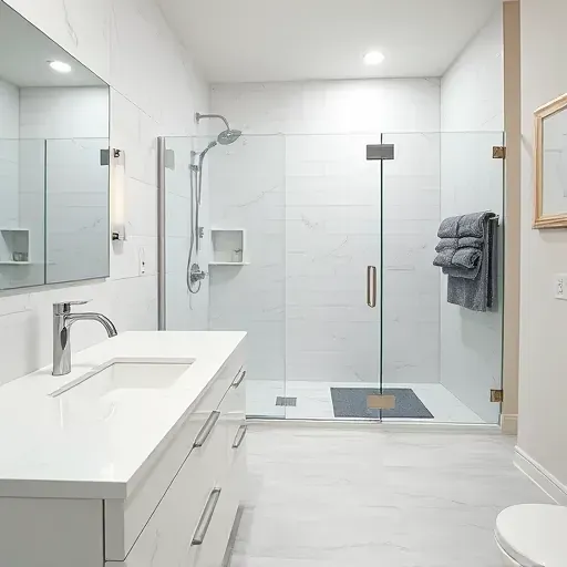 Remodeled bathroom in Addison TX with white marble counters, chrome fixtures, glass shower, and modern design elements.